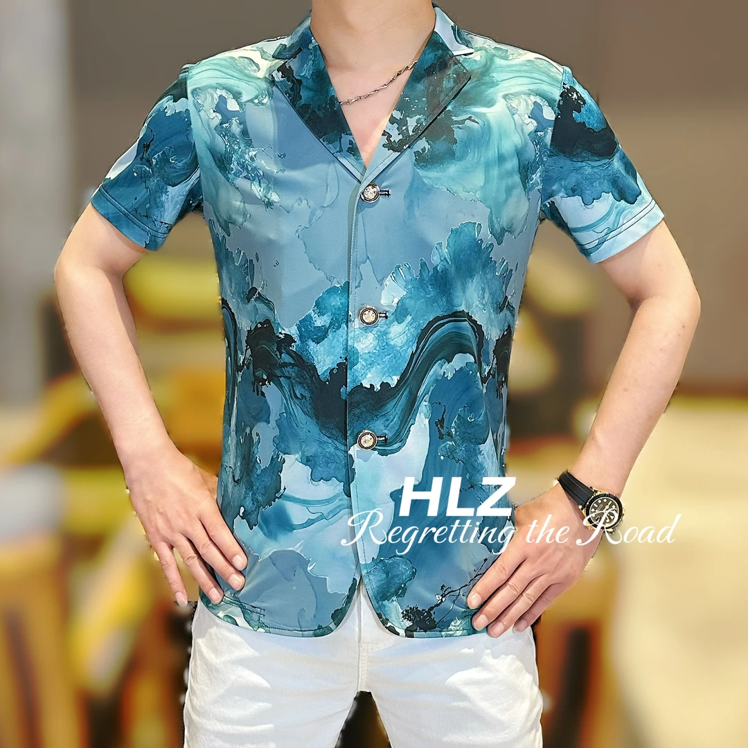 2025网红款修身男士休闲高品质个性水墨画印花冰丝西服短袖衬衫