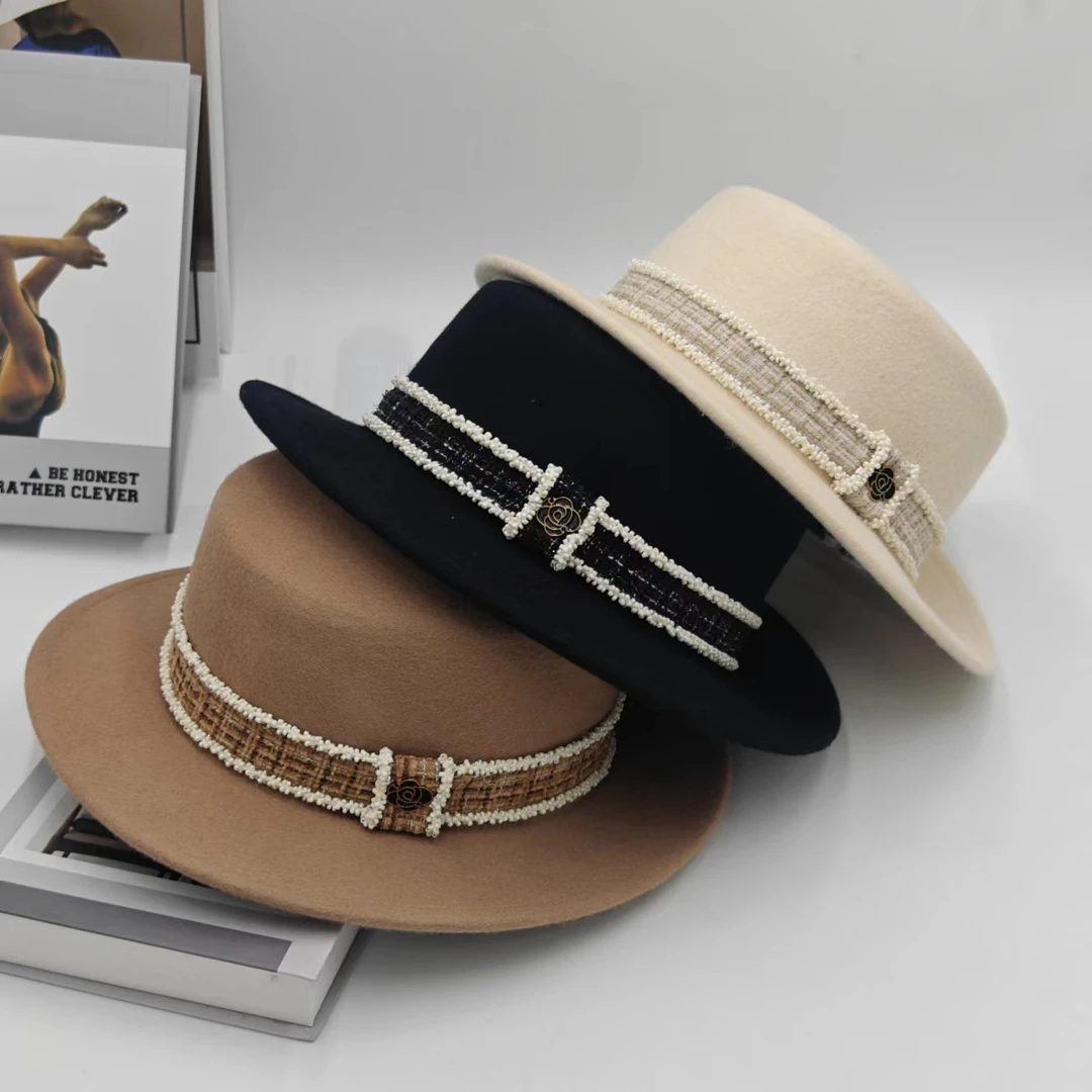 秋冬百搭洋气100%羊毛平顶礼貌帽小香风格短檐帽子女韩版潮逛街