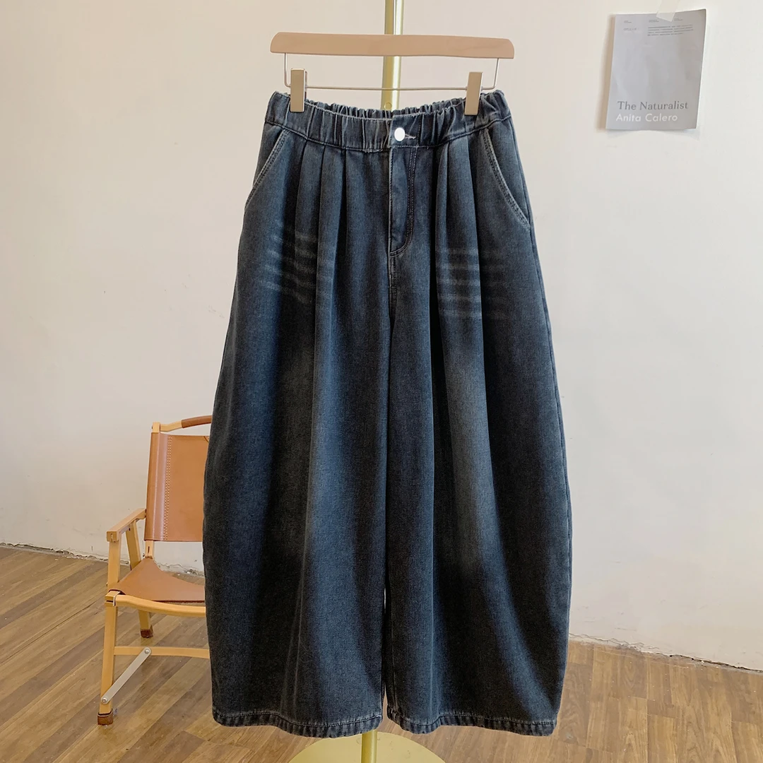 大学生裤C5313加绒松紧腰系带牛仔老爹裤