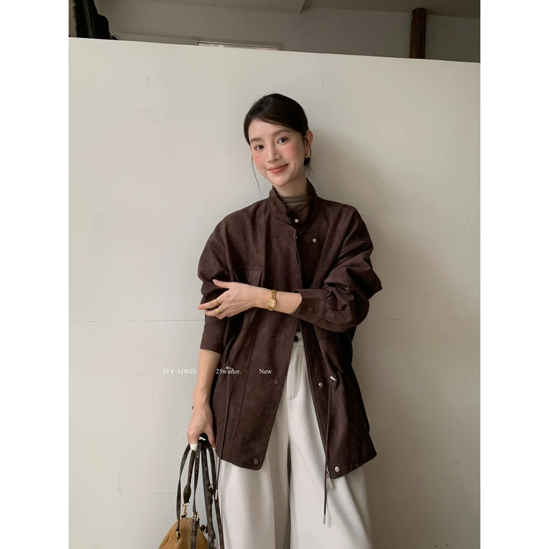 韩系复古麂皮绒立领收腰抽绳风衣83065