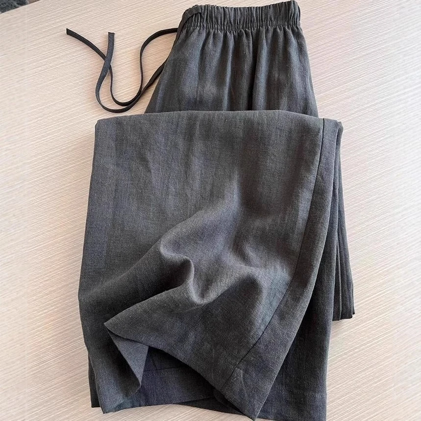 极简穿搭~黑色天丝亚麻休闲裤女松紧腰直筒拖地裤子