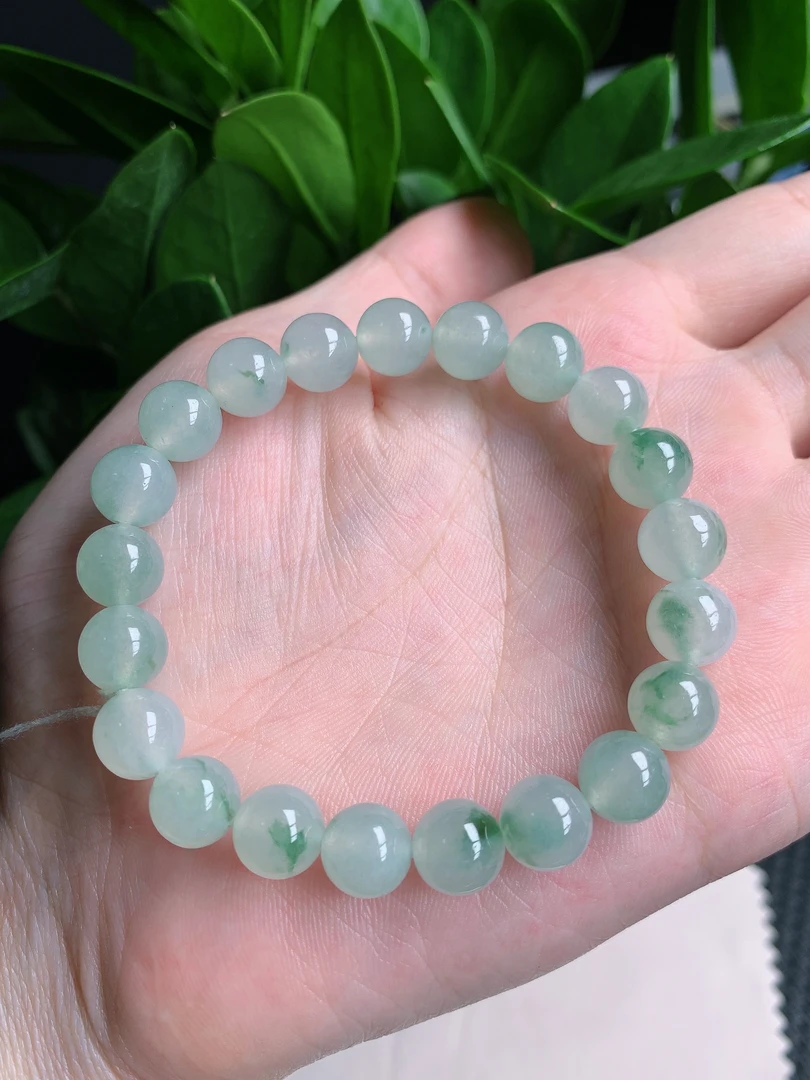 天然翡翠A货，冰种飘花珠子手链9.4mm0526时尚精美百搭气质清新