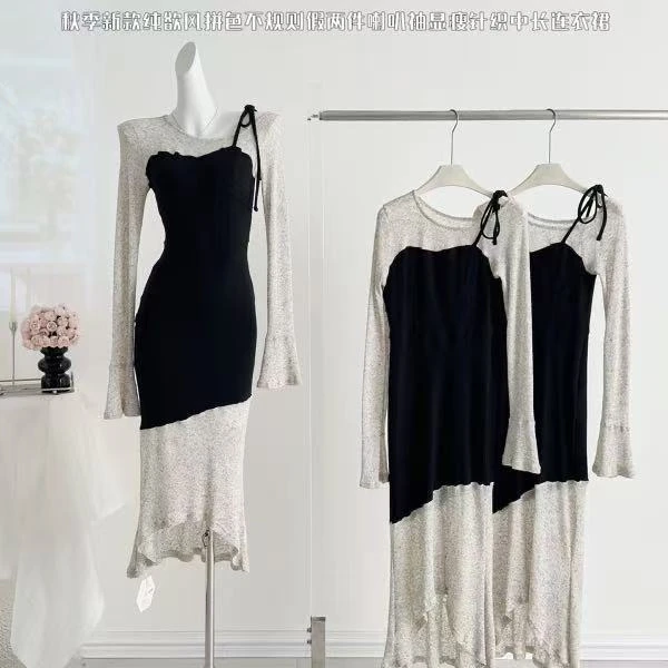 秋季新款拼色不规则假两件喇叭袖针织中长连衣裙