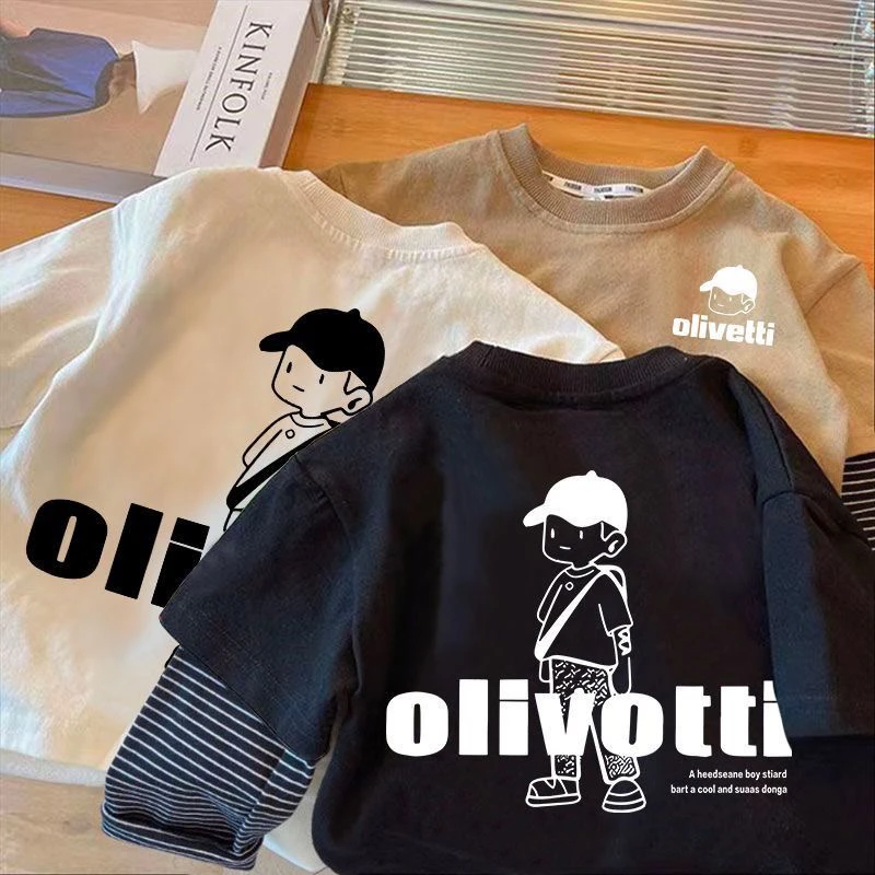 男童T恤春秋新款长袖圆领打底衫卡通简笔画拼接假两件儿童女上衣t