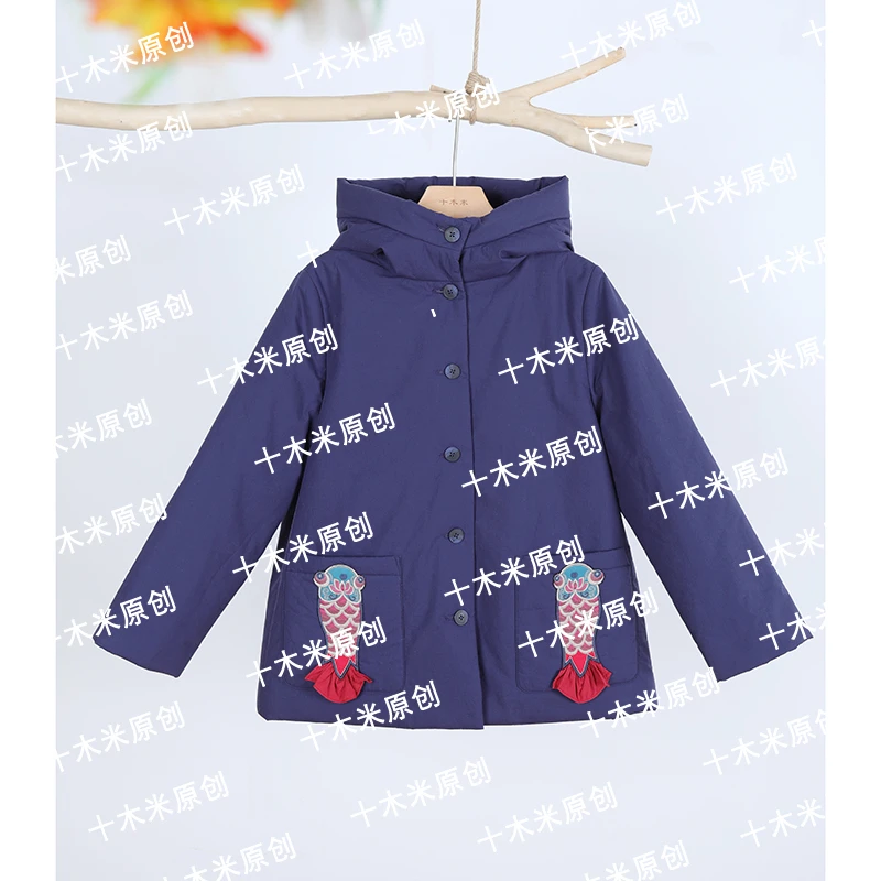 幸福鱼/十木米原创冬新款全棉刺绣复古连帽拜年服棉服短外套女
