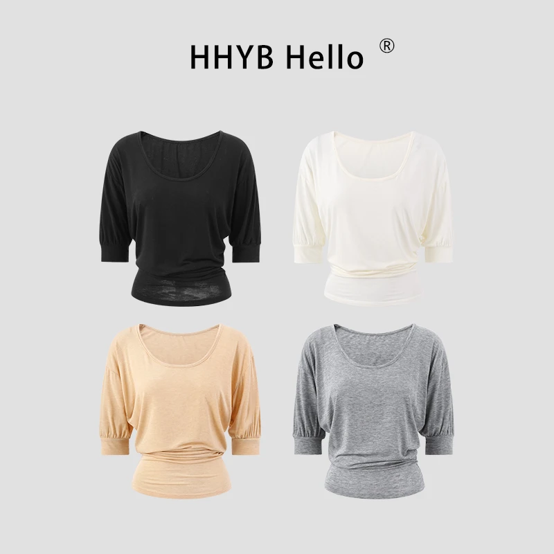 HHYB Hello韩系U领短袖T恤2025新款宽松显瘦小众不撞款上衣250700