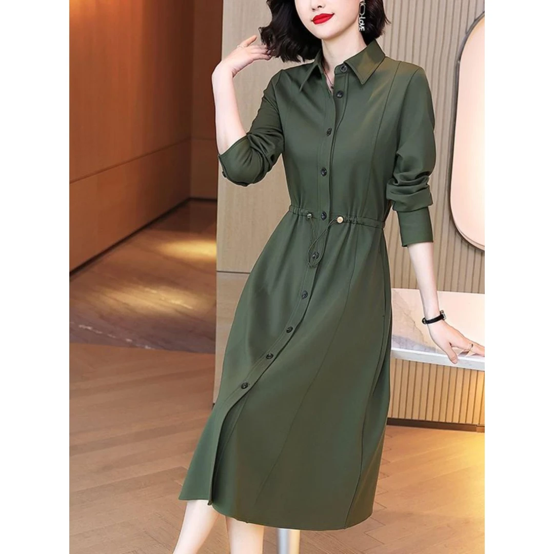 韩国翻领收腰长袖连衣裙女2025春秋新款时尚修身显瘦气质中长裙--