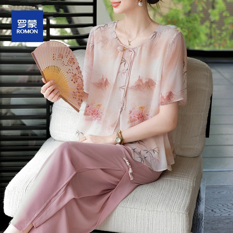 中年妈妈夏装套装新中式国风雪纺衫2025新款中老年夏季短袖小衫女