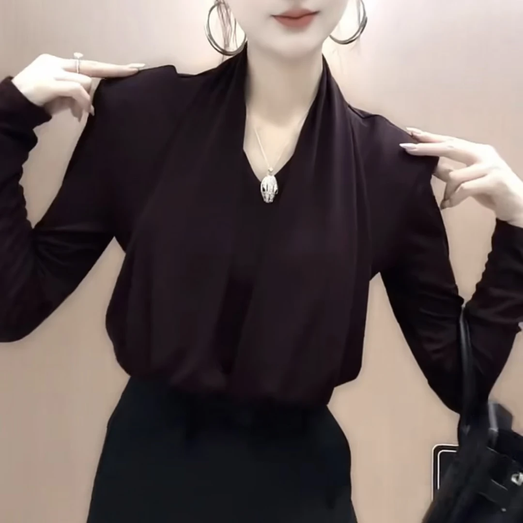 长袖收腰显瘦V领百搭挂脖假两件上衣纯色气质洋气时尚5258