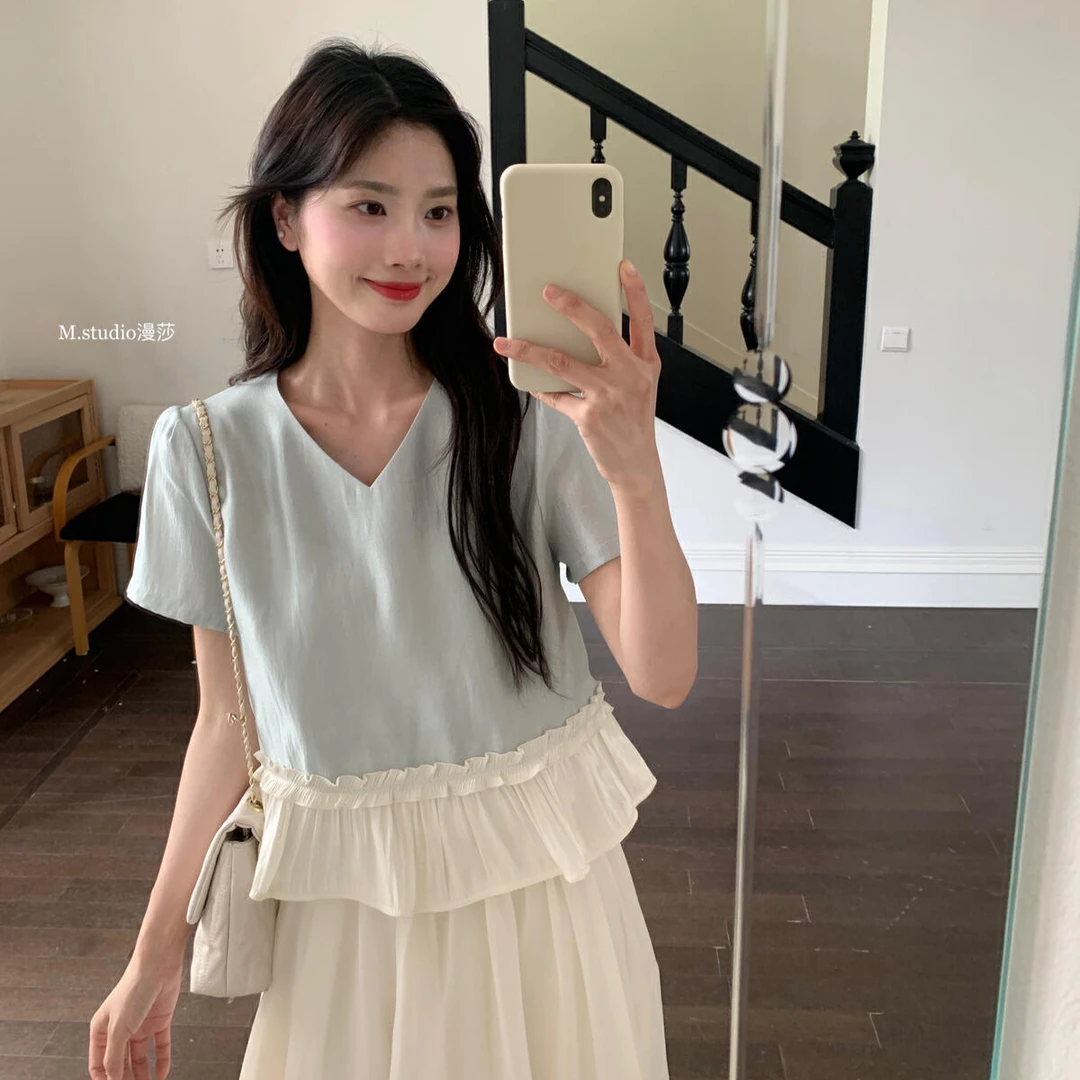 MSTUDIO漫莎 2025夏季下摆缎面花边拼接气质入骨珠光小衫女C5339