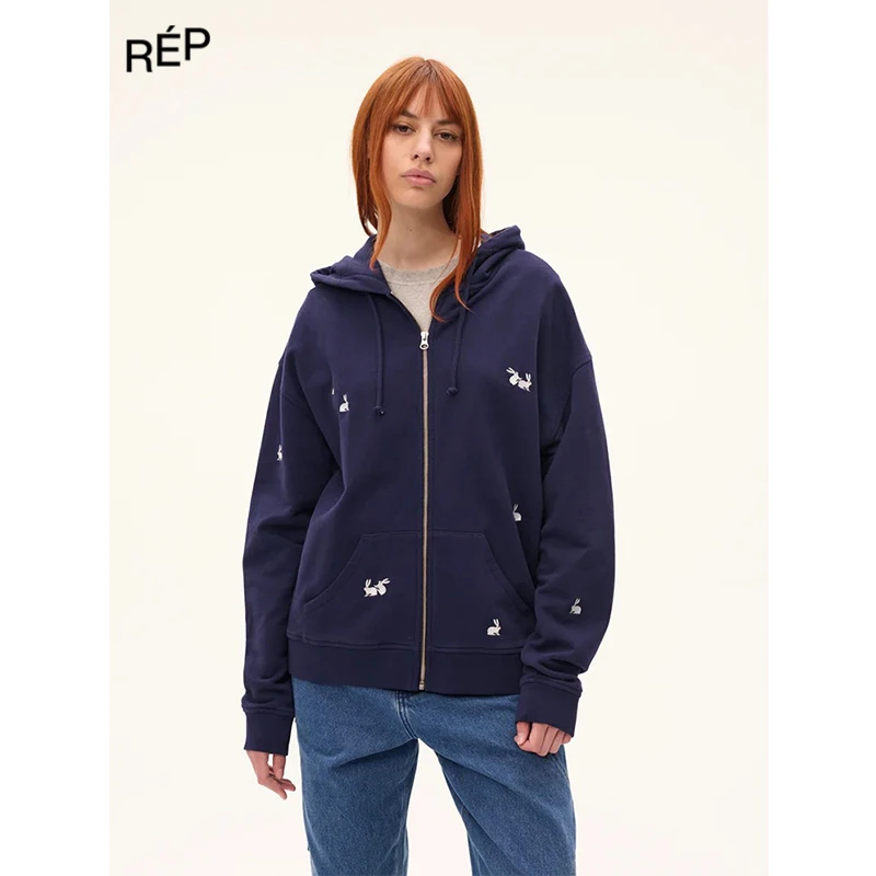 CARNE BOLLENTE设计师品牌藏青兔子刺绣拉链连帽卫衣25SS早春穿搭