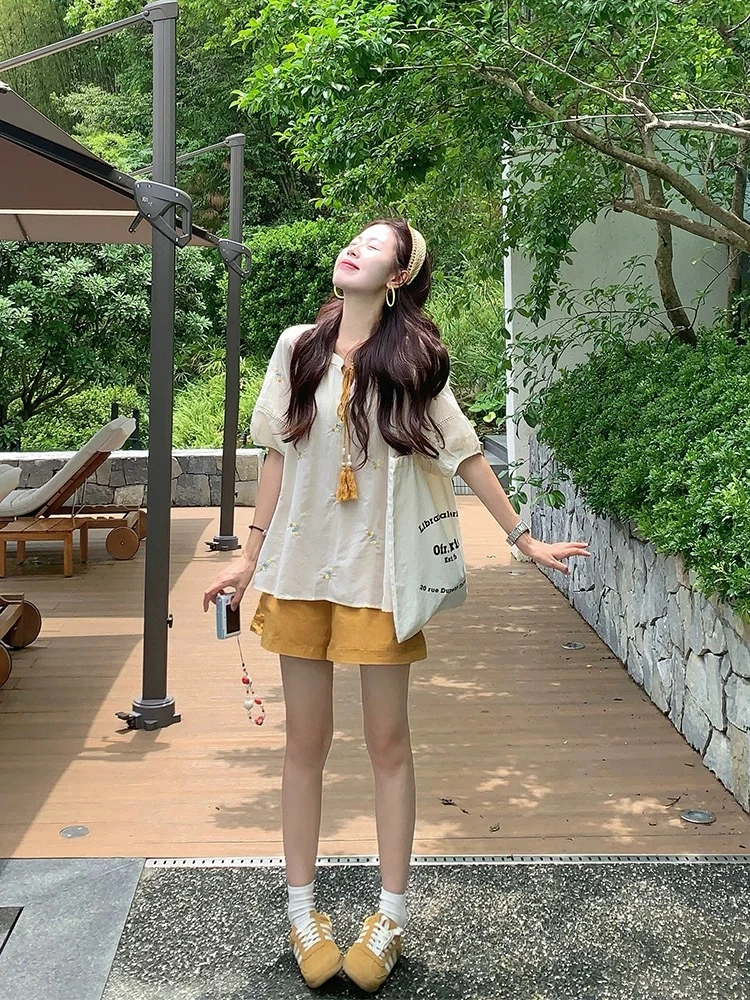 韩系穿搭短袖衬衫女夏宽松衬衣娃娃小衫气质上衣两件套装