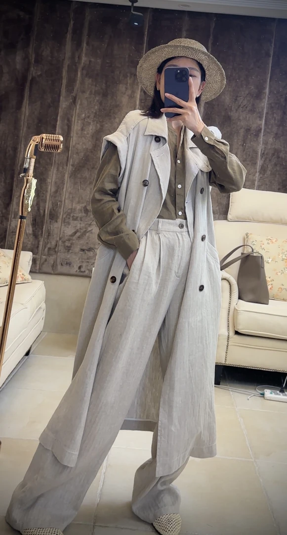 亚麻雨露麻本色后腰松紧直筒显腿长长裤