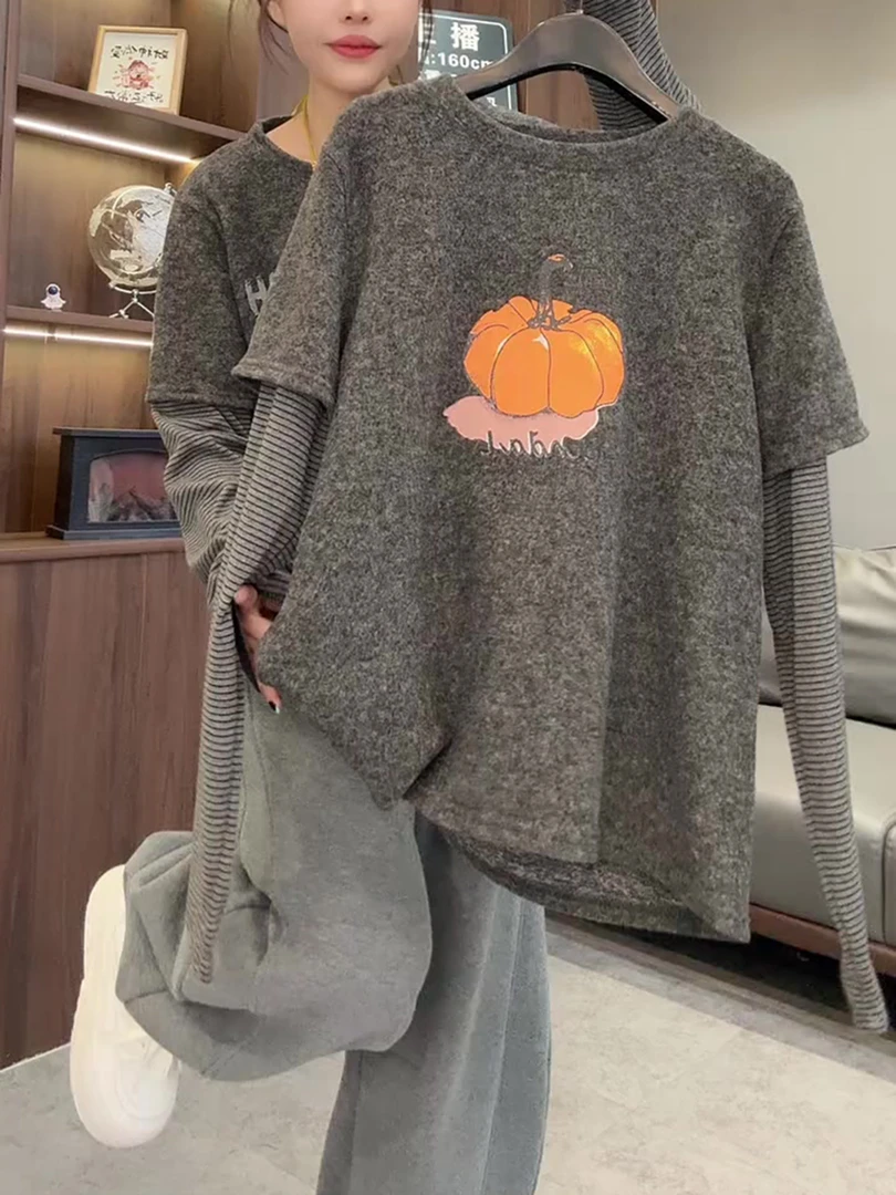 长袖圆领印花纯色灰色假两件女2025早秋潮流时尚百搭休闲宽松小衫