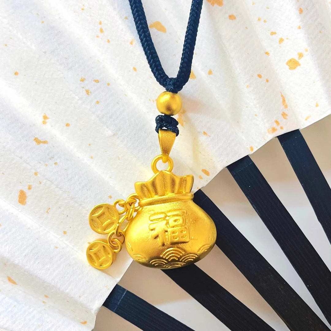 铜合金项链 国潮古法手工铜钱福袋吊坠编织项链2025福字项链
