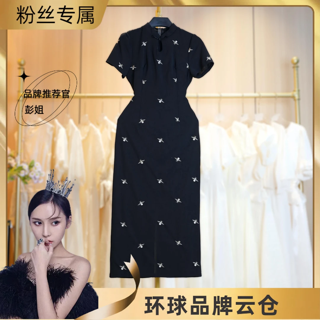 M082蝴蝶印花短袖旗袍连衣裙女收腰显瘦长裙气质2025夏季新款女装