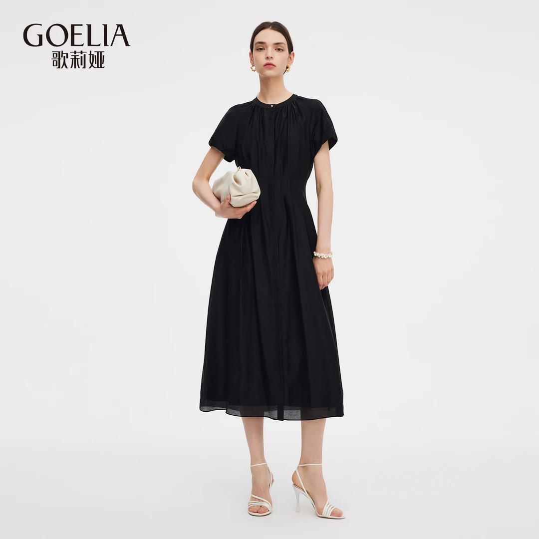 【福利款】歌莉娅夏季圆领插肩袖连衣裙收腰显瘦小黑裙1E5C4K64A