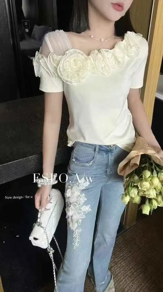 常规时尚宽松型立体花少女风小众显瘦百搭短袖拼接法式T恤