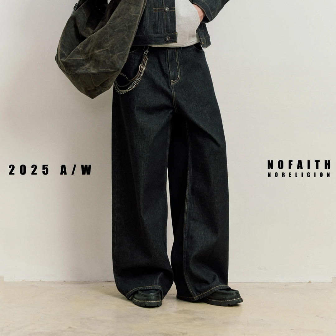 NOFAITH复古原色A字版型牛仔裤男秋季宽松百搭休闲直筒长裤NK5246