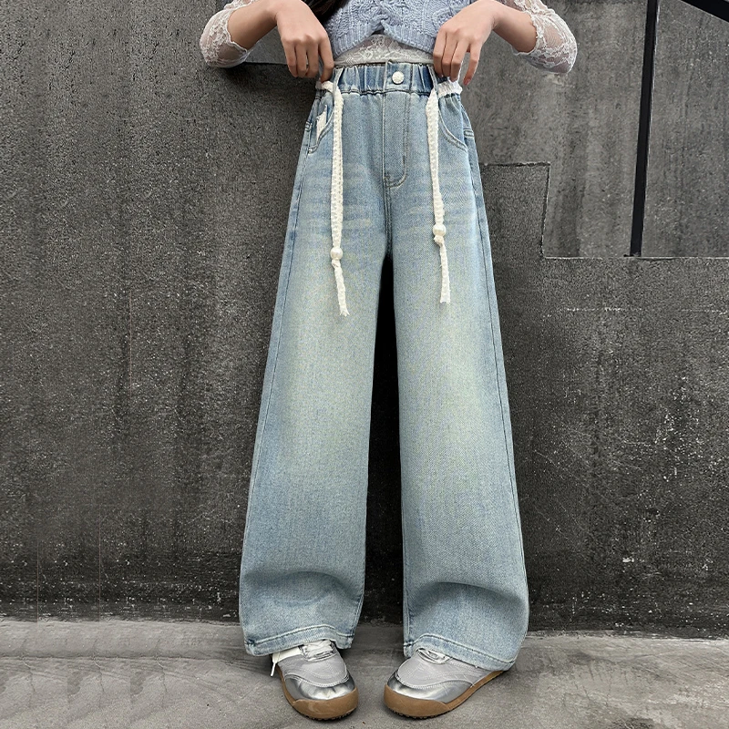 女童春季牛仔裤2025新款洋气时尚蕾丝阔腿裤6-12岁中大童学生裤子