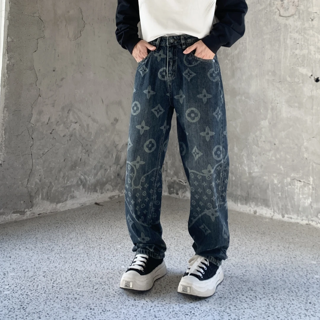 原创印花牛仔裤男士宽松直筒潮牌高街显腿长复古秋冬新款休闲裤子