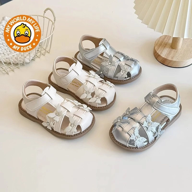 小黄鸭女童凉鞋2025夏新款小女孩蝴蝶结休闲鞋子女宝宝软底公主鞋