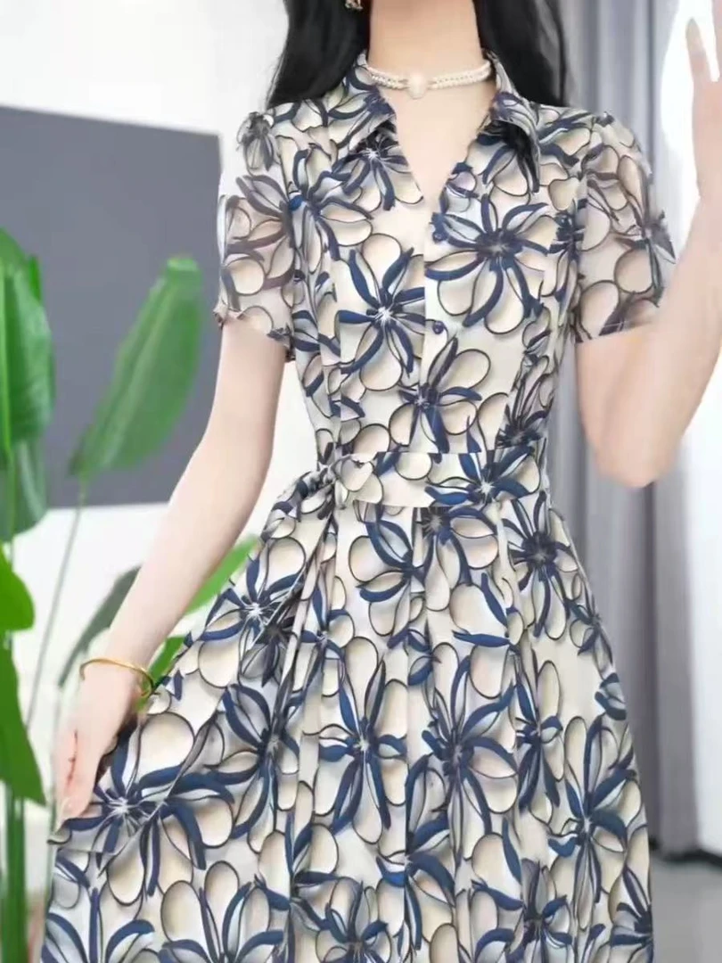 T1571套头常规有口袋连衣裙显瘦夏季碎花时尚收腰裙子遮肚