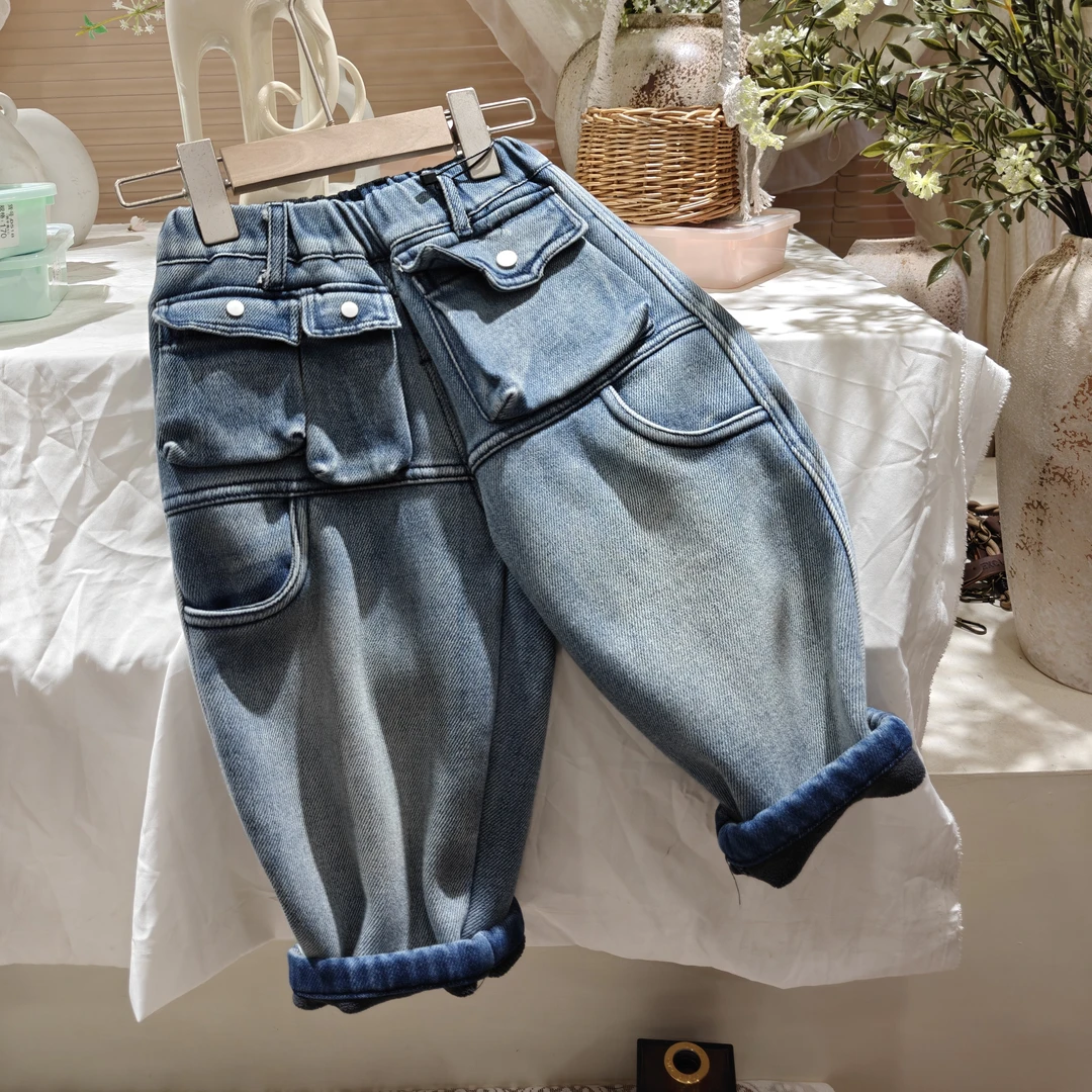 C3-1。85687儿童冬季一体绒牛仔裤韩版百搭