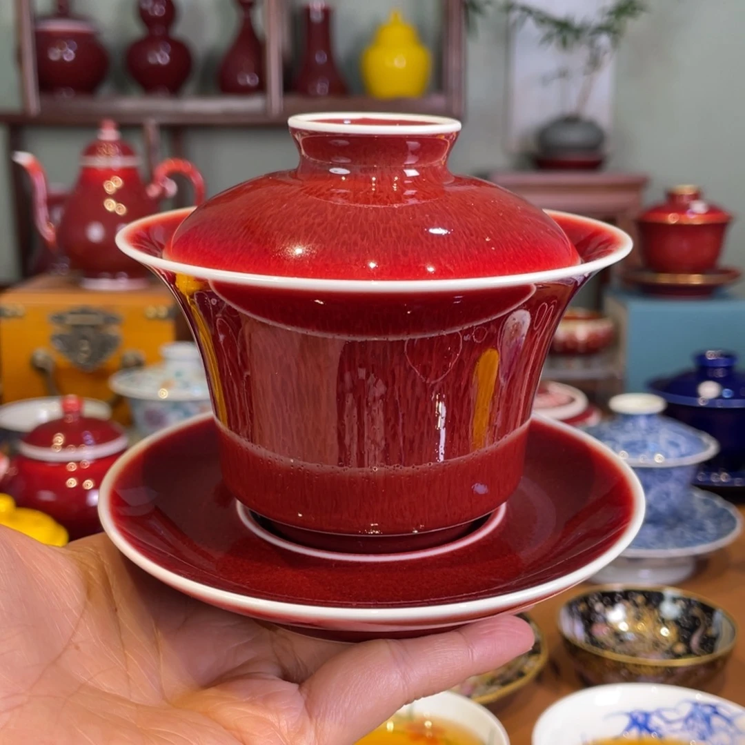 清欢雅玩原矿郎红马蹄盖碗