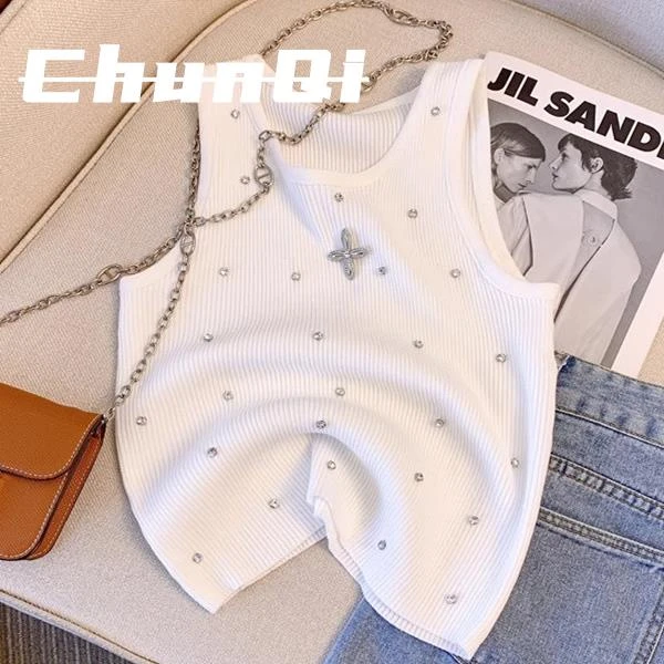 淳启钉珠吊带背心女夏季内搭打底修身设计感小众无袖针织上衣外穿