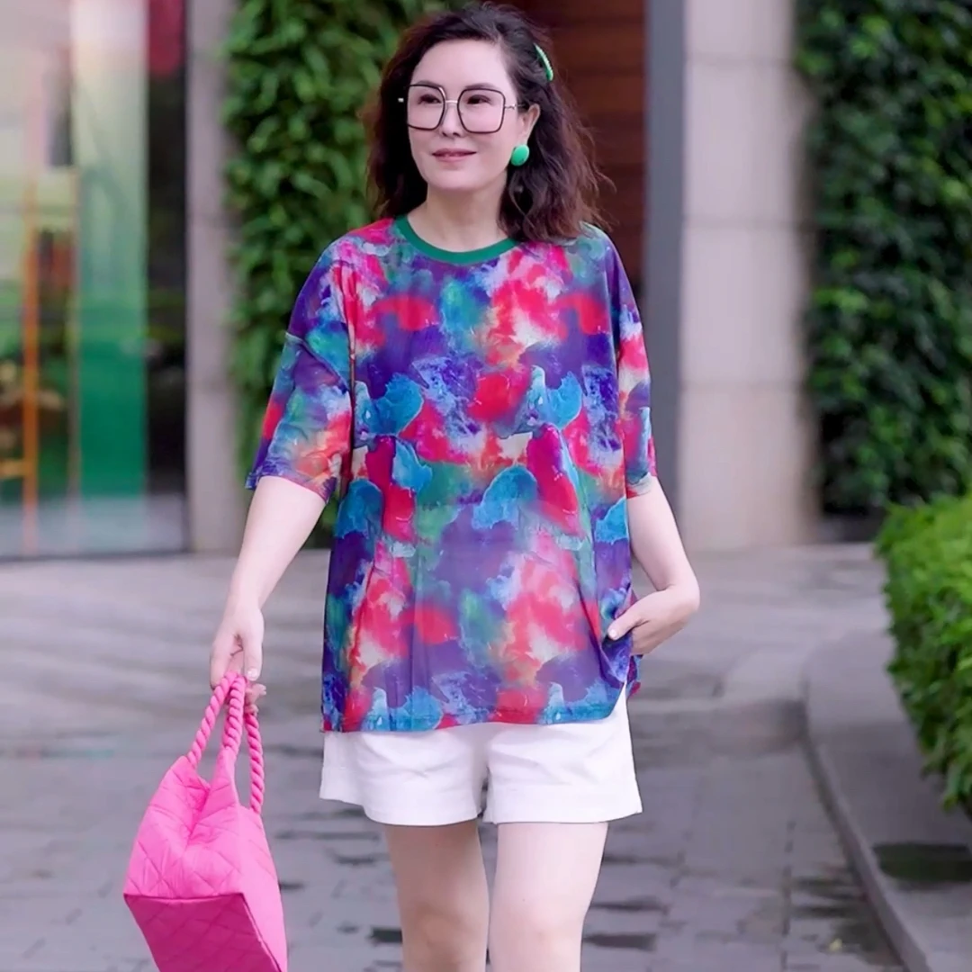 紫花2025夏季新款短袖冰丝网纱T恤女装宽松时尚休闲防晒罩衫上衣