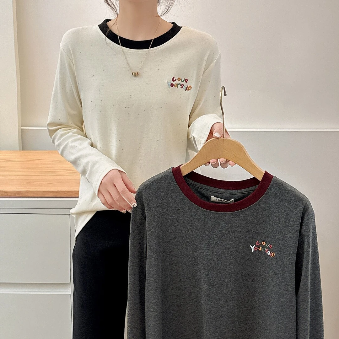 大码女装春季新款拼色圆领宽松百搭舒适印花T恤