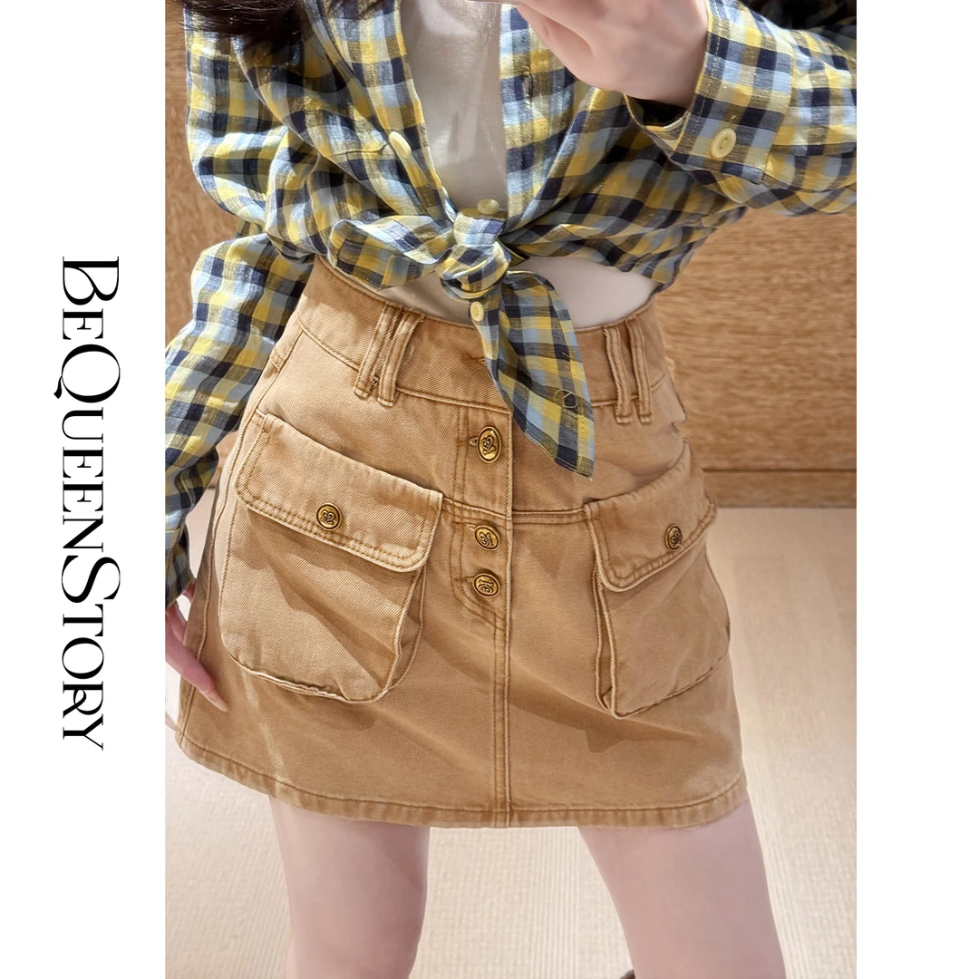 BeQueenStory【加州阳光】四粒扣纯棉百搭短款工装牛仔半裙