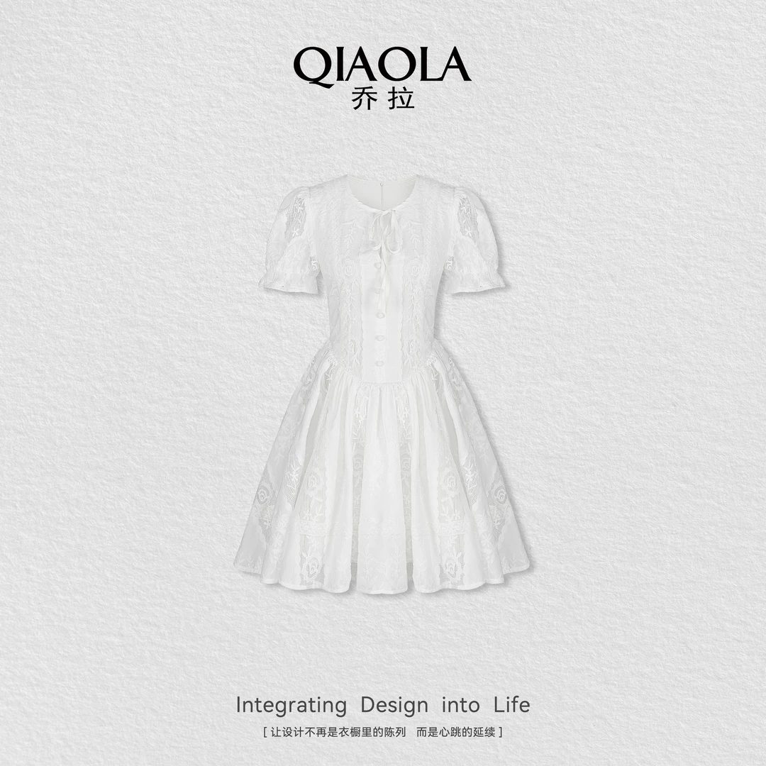 QIAOLA/乔拉【水仙涟漪】夏季新款圆领收腰显瘦气质连衣裙
