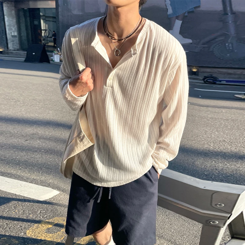 SSUMENAM 「轻薄透气 」高级感亨利衫男夏季宽松防晒打底长袖t恤