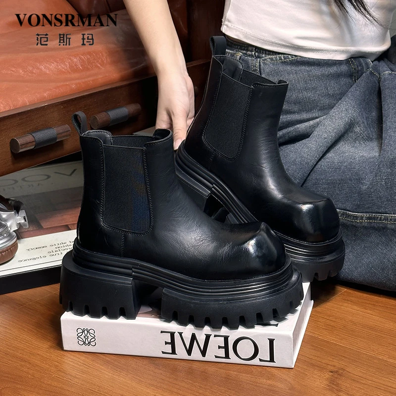 复古高端大头松糕厚底马丁靴女2025新款英伦风小个子增高休闲短靴