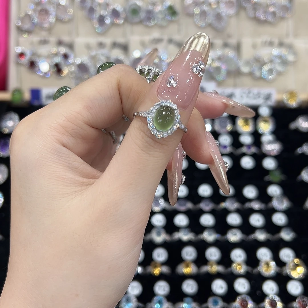 有***麻蛇纹石玉银S925镶嵌戒指