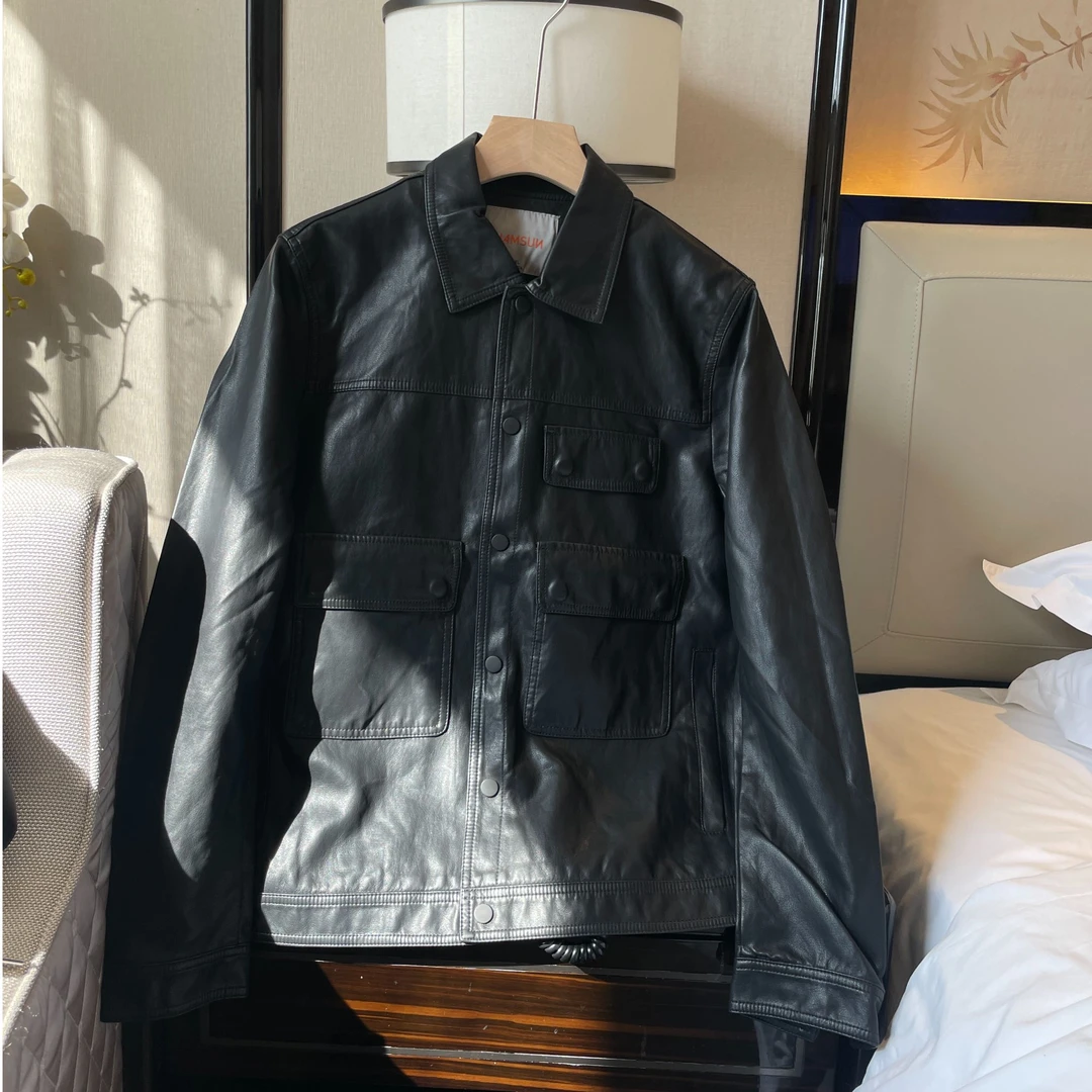 【25FW】春季新款哑面复古多口袋机能风质感翻领机车皮衣夹克