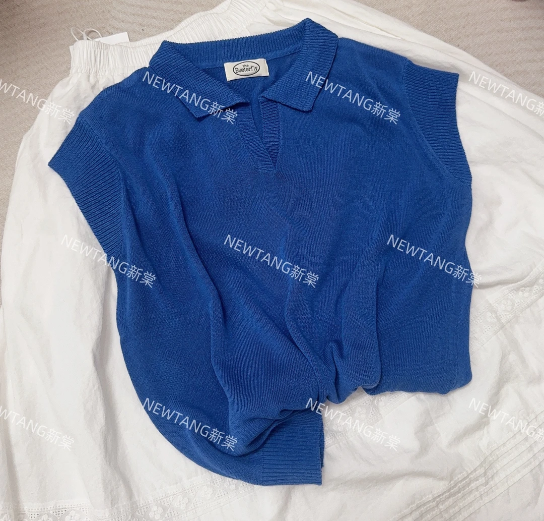 【白袷蓝衫】295高货洋气翻领小V女夏季新款小飞袖