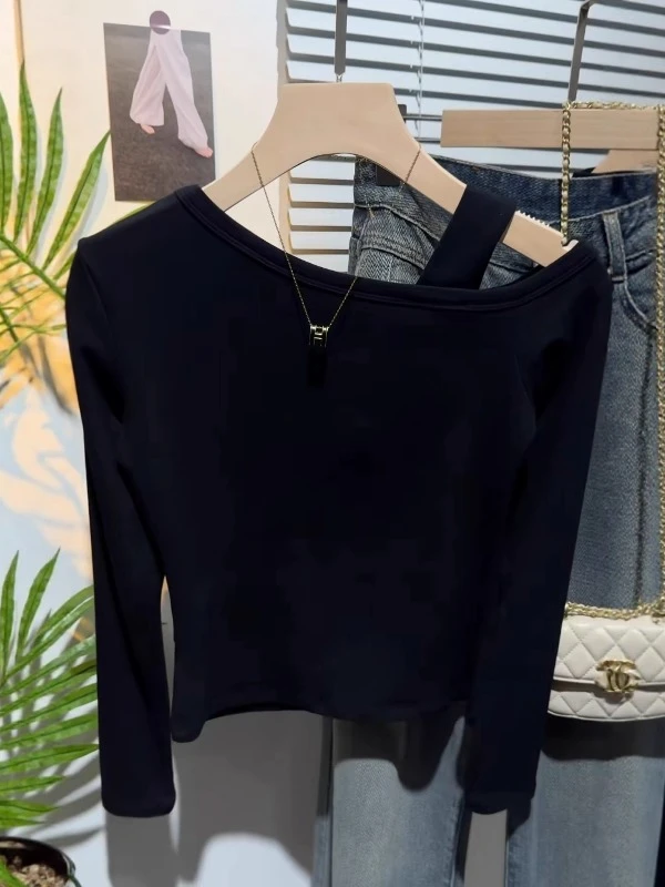 大码设计感斜肩长袖T恤女早秋新款胖mm修身千金清冷感贵系衣服