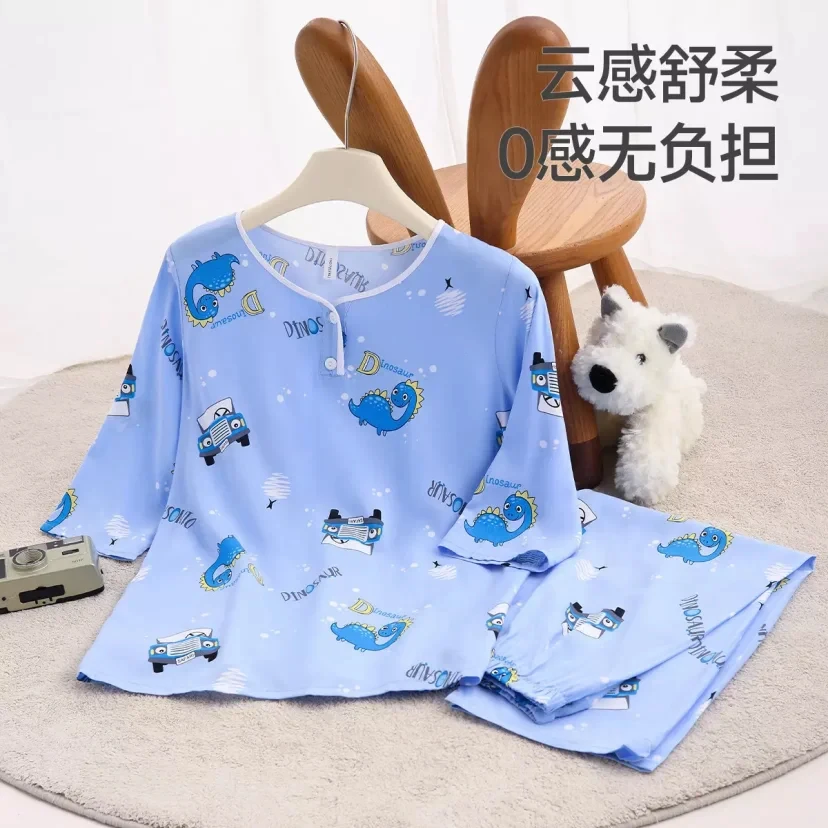 25新款春夏男童睡衣七分袖儿童卡通家居服套装纯棉薄款云感舒柔