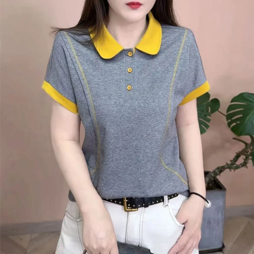 2025夏季新款女士上衣拼色撞色翻领短袖小衫T恤显瘦百搭洋气休闲