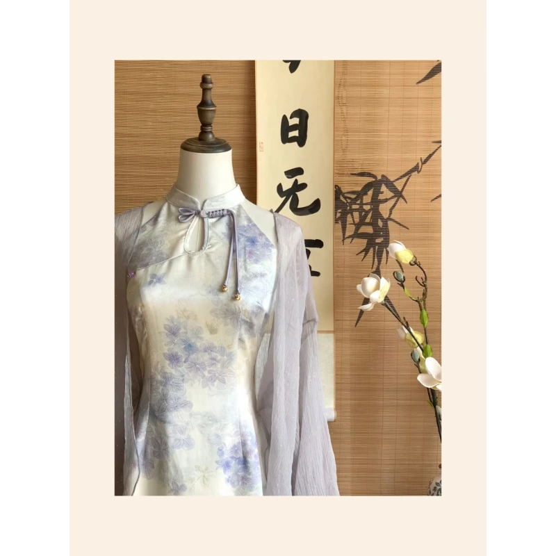 【霜瓷】新中式淡紫色改良旗袍连衣裙两件套显瘦温柔气质2025新款