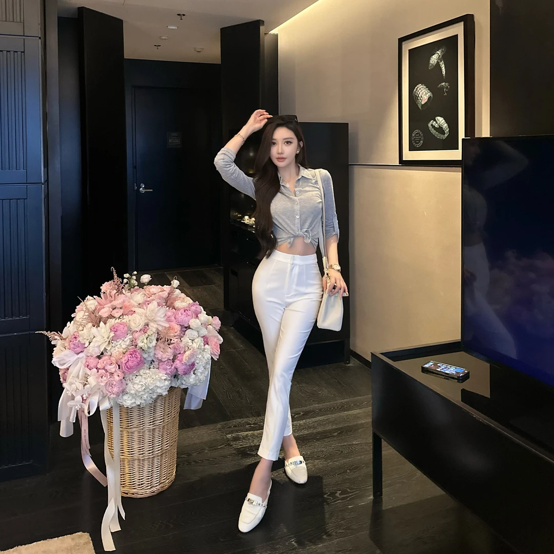 SX善喜 2色高腰弹力九分小脚裤女百搭气质修身显瘦梭织休闲长裤子