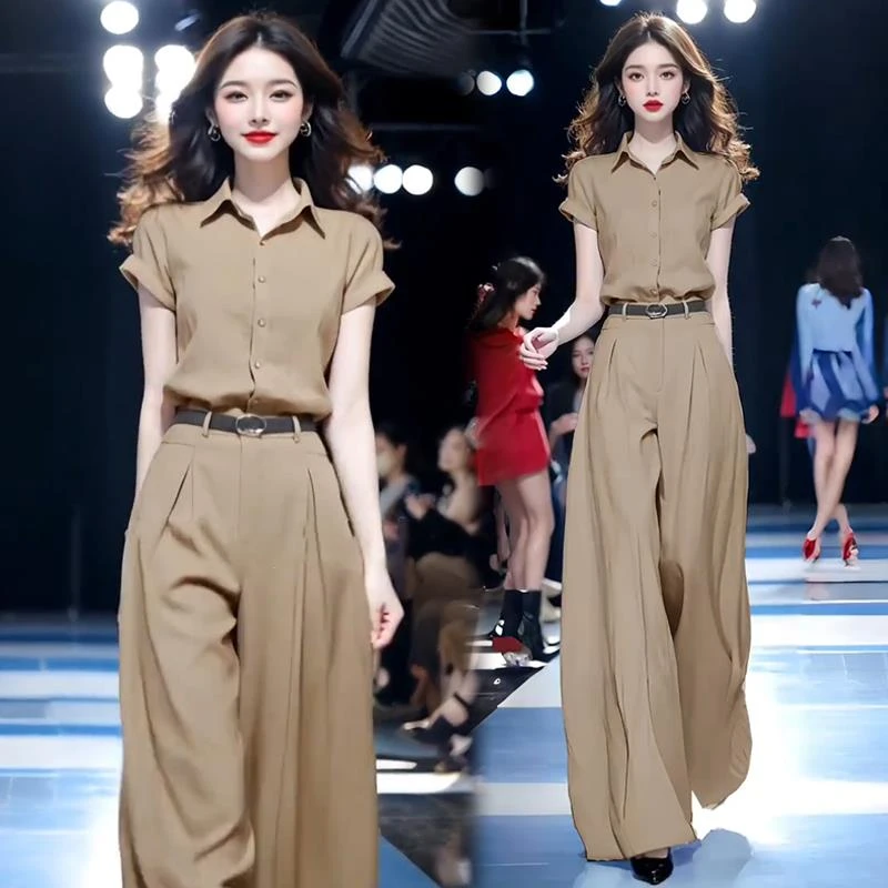 哥弟阿玛施正2025夏季新款时髦洋气短袖衬衫高腰阔腿裤气质两件套