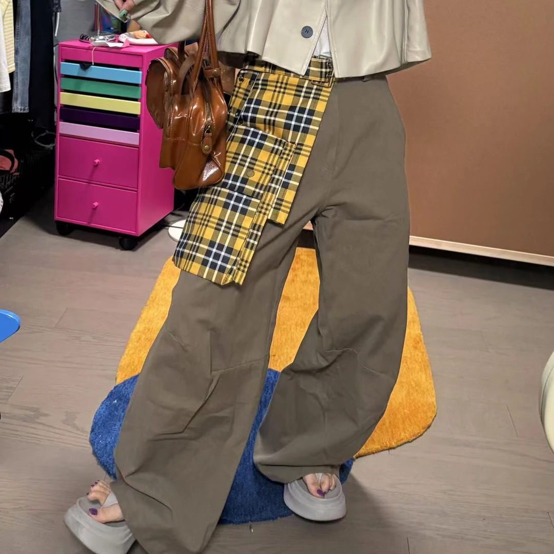 格纹拼接美式休闲裤