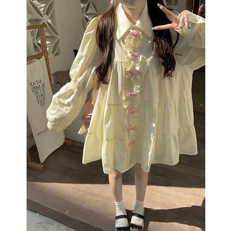 法式甜美蝴蝶结衬衫连衣裙-6293