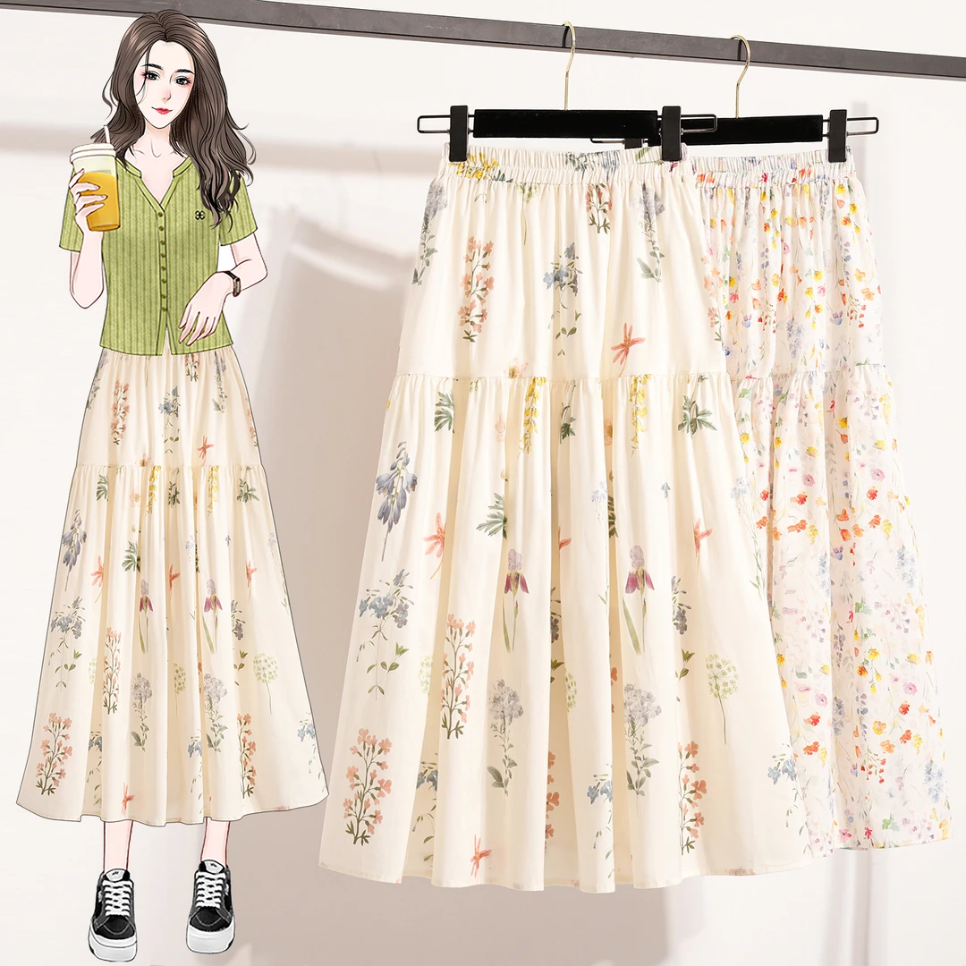 韩版小清新碎花半身裙女夏季2025年高腰A字百搭显瘦褶皱大摆裙子
