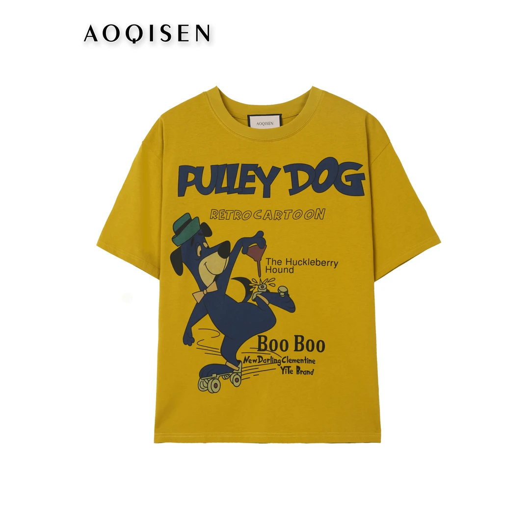 2352-1澳琪森夏季姜黄色时尚舒适圆领百搭休闲简约双纱印花短袖