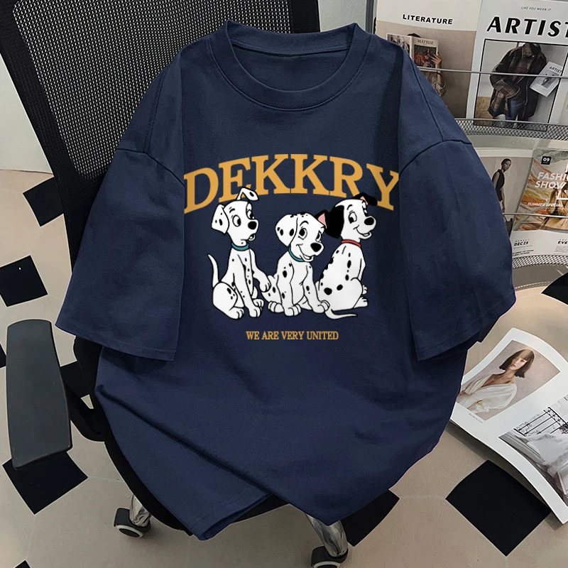 jtrt夏季美式复古可爱斑点狗狗圆领短袖t恤男女纯棉百搭宽松上衣